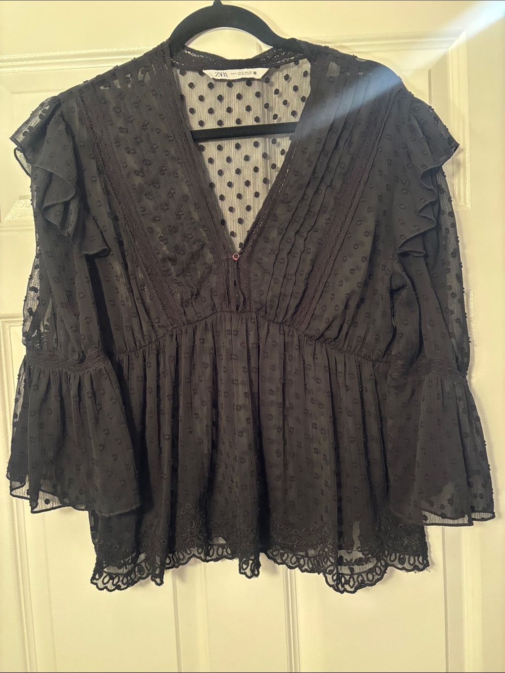 Zara Black Swiss Dot Ruffle Peplum Blouse